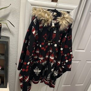 Tasha Polizzi Black and Red Cape with Fur Trim